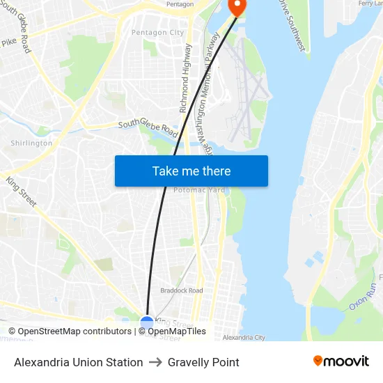 Alexandria Union Station to Gravelly Point map