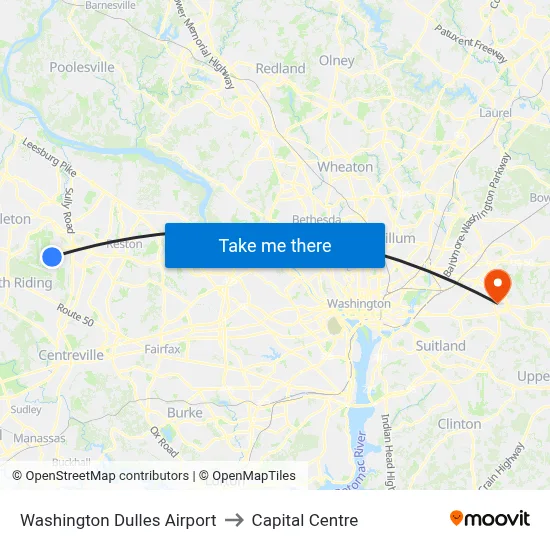 Washington Dulles Airport to Capital Centre map