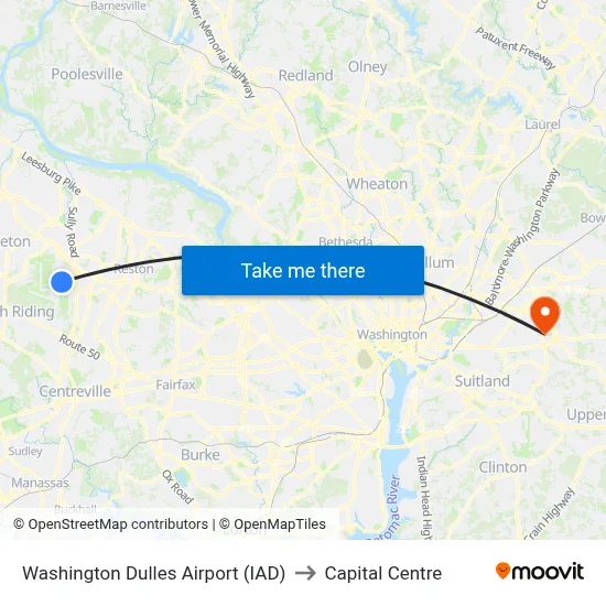 Washington Dulles Airport (IAD) to Capital Centre map