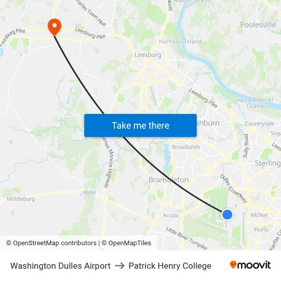 Washington Dulles Airport to Patrick Henry College map