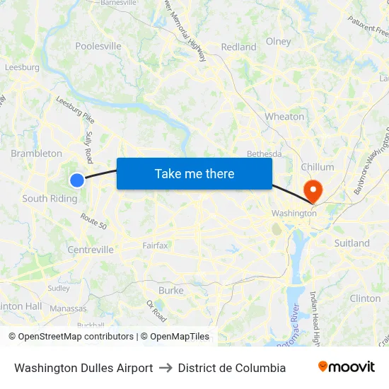 Washington Dulles Airport to District de Columbia map