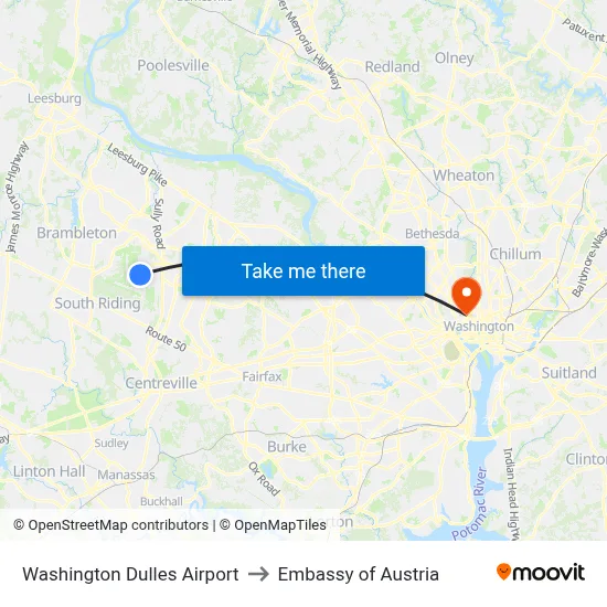 Washington Dulles Airport to Embassy of Austria map