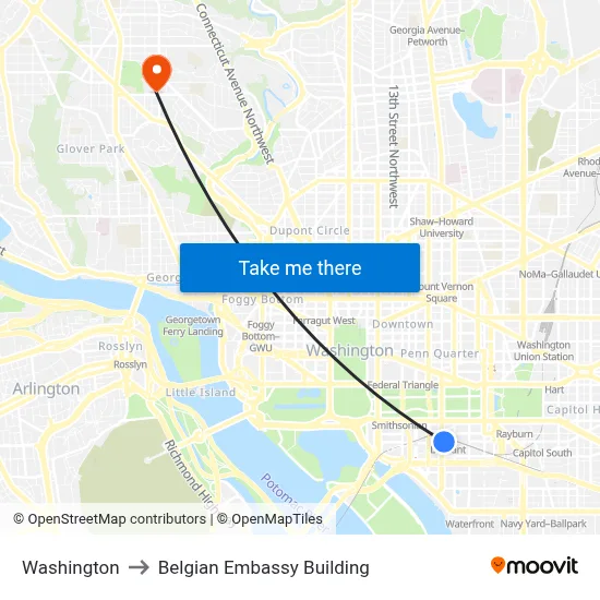 Washington to Belgian Embassy Building map