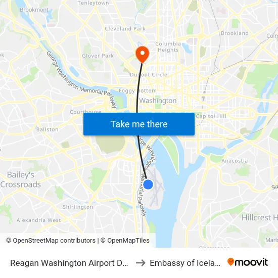 Reagan Washington Airport DCA to Embassy of Iceland map