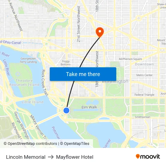 Lincoln Memorial to Mayflower Hotel map