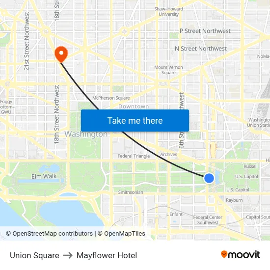 Union Square to Mayflower Hotel map