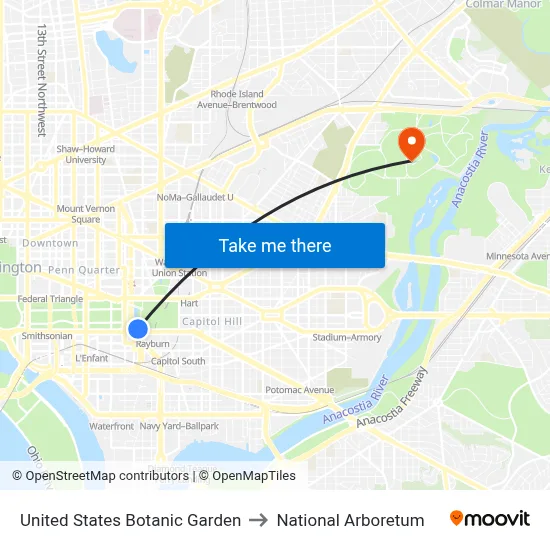 United States Botanic Garden to National Arboretum map