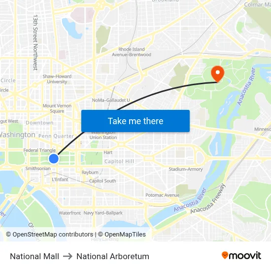 National Mall to National Arboretum map