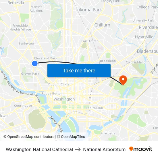 Washington National Cathedral to National Arboretum map