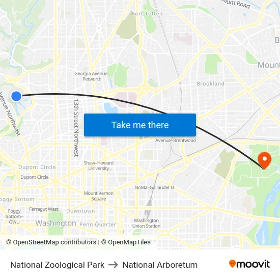 National Zoological Park to National Arboretum map