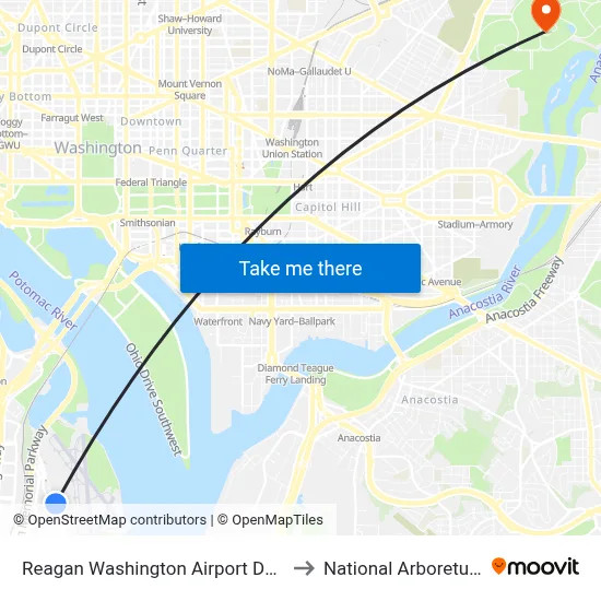 Reagan Washington Airport DCA to National Arboretum map