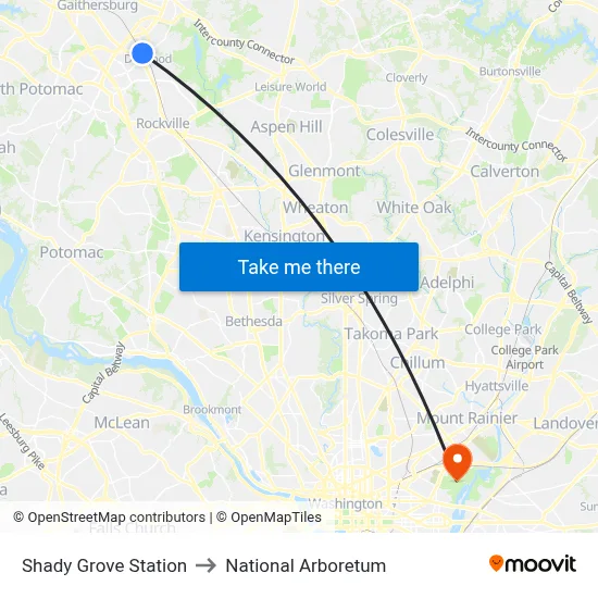 Shady Grove Station to National Arboretum map