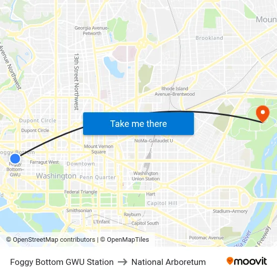 Foggy Bottom GWU Station to National Arboretum map