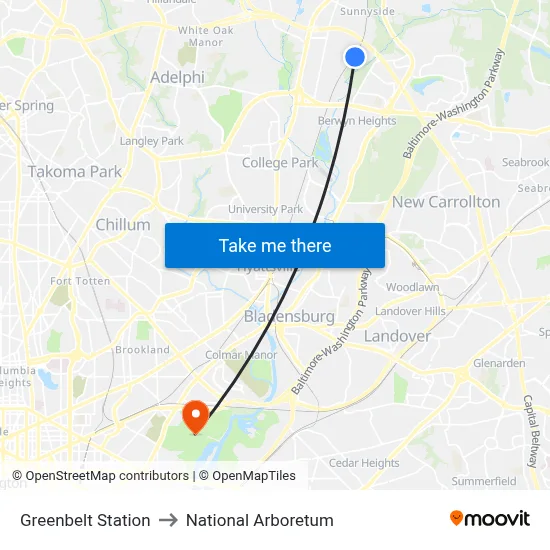 Greenbelt Station to National Arboretum map