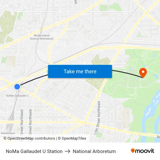 NoMa Gallaudet U Station to National Arboretum map