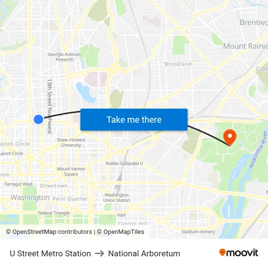 U Street Metro Station to National Arboretum map