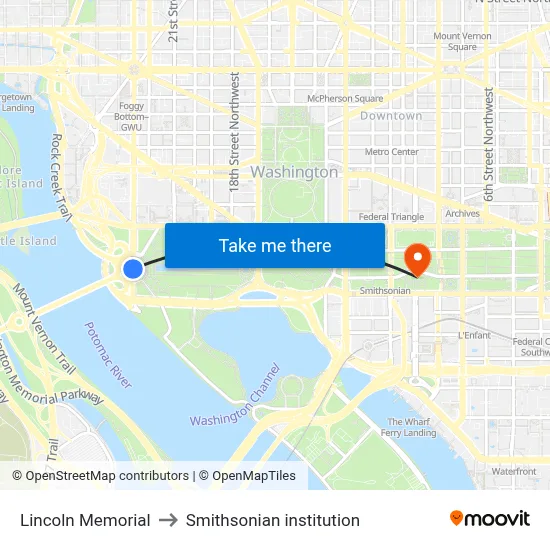 Lincoln Memorial to Smithsonian institution map