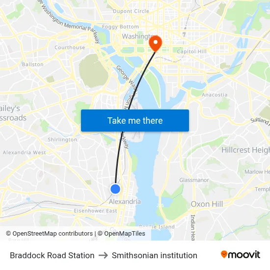 Braddock Road Station to Smithsonian institution map