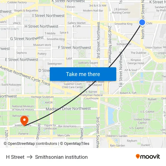 H Street to Smithsonian institution map