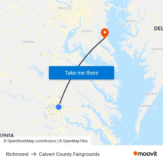 Richmond to Calvert County Fairgrounds map