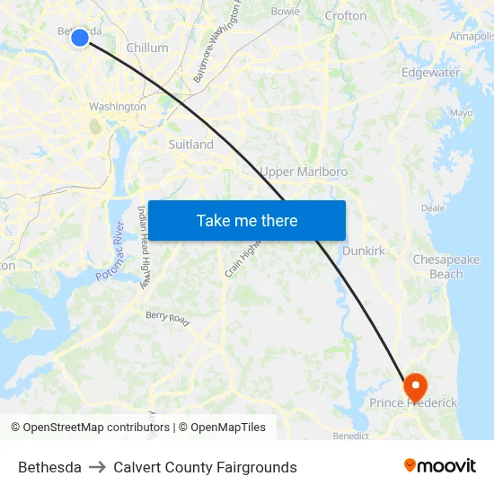 Bethesda to Calvert County Fairgrounds map