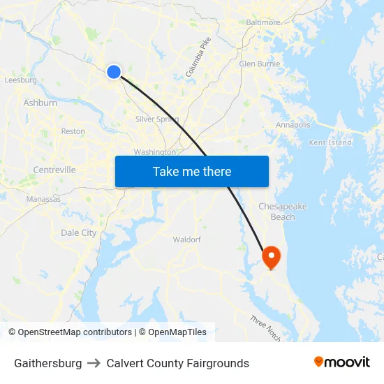 Gaithersburg to Calvert County Fairgrounds map