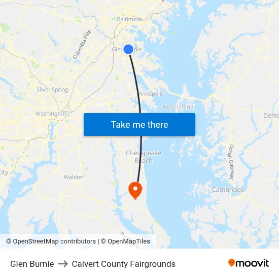 Glen Burnie to Calvert County Fairgrounds map