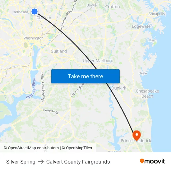 Silver Spring to Calvert County Fairgrounds map
