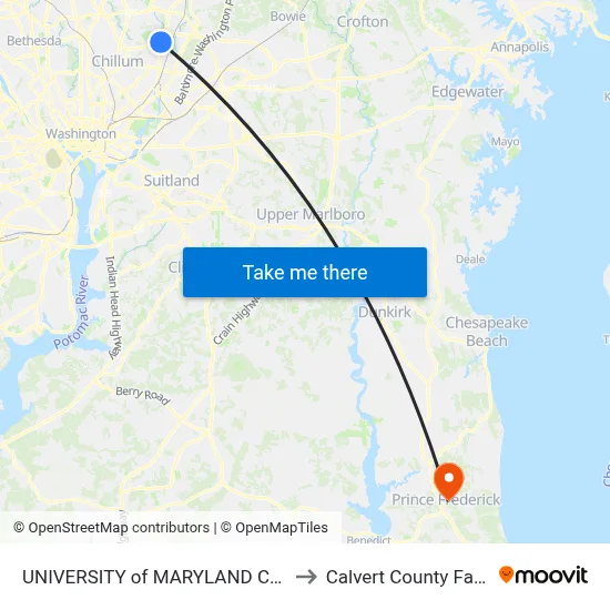 UNIVERSITY of MARYLAND COLLEGE PARK to Calvert County Fairgrounds map