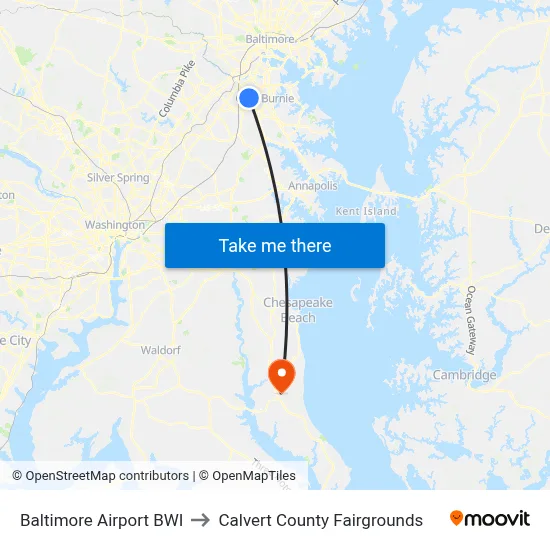 Baltimore Airport BWI to Calvert County Fairgrounds map