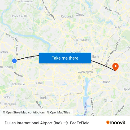 Dulles International Airport (Iad) to FedExField map