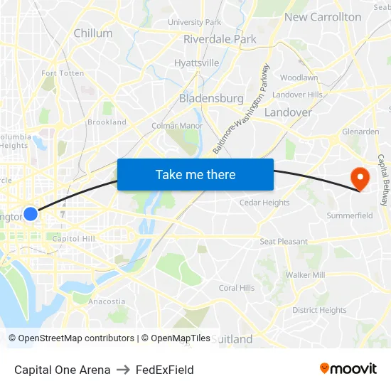 Capital One Arena to FedExField map