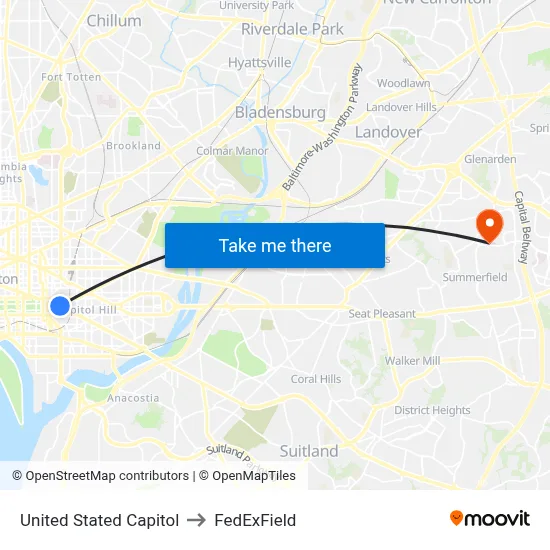 United Stated Capitol to FedExField map