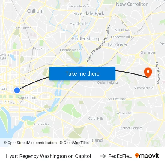 Hyatt Regency Washington on Capitol Hill to FedExField map