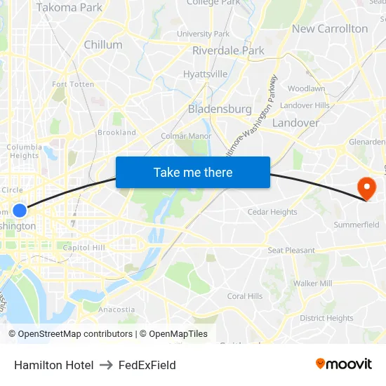 Hamilton Hotel to FedExField map