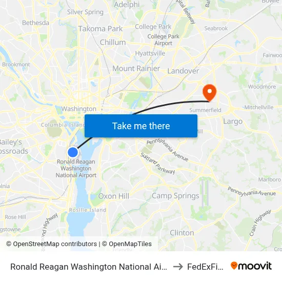 Ronald Reagan Washington National Airport to FedExField map