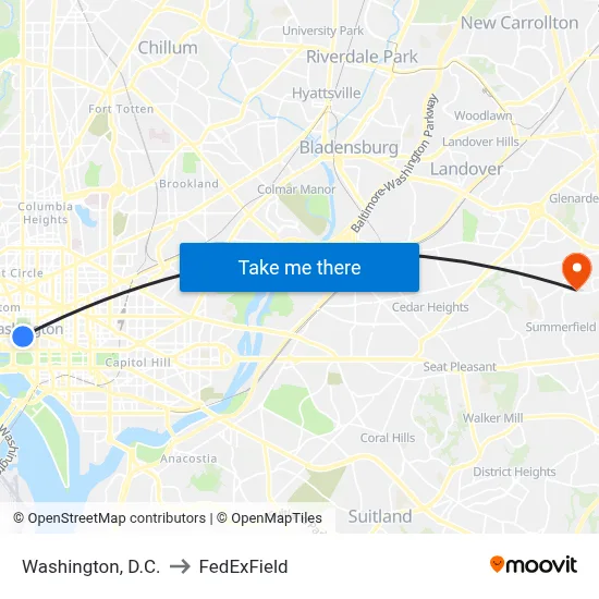 Washington, D.C. to FedExField map