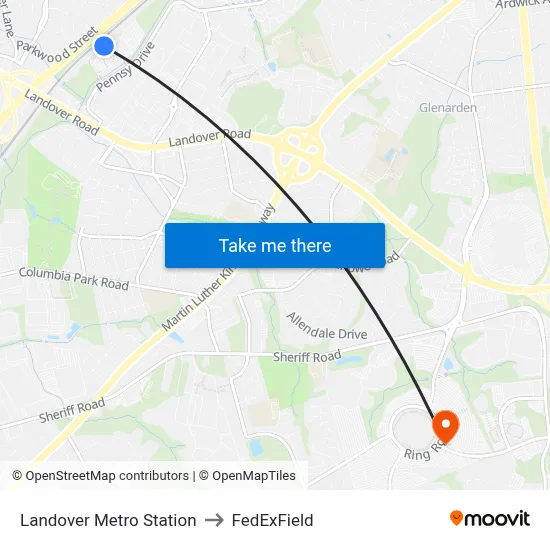 Landover Metro Station to FedExField map
