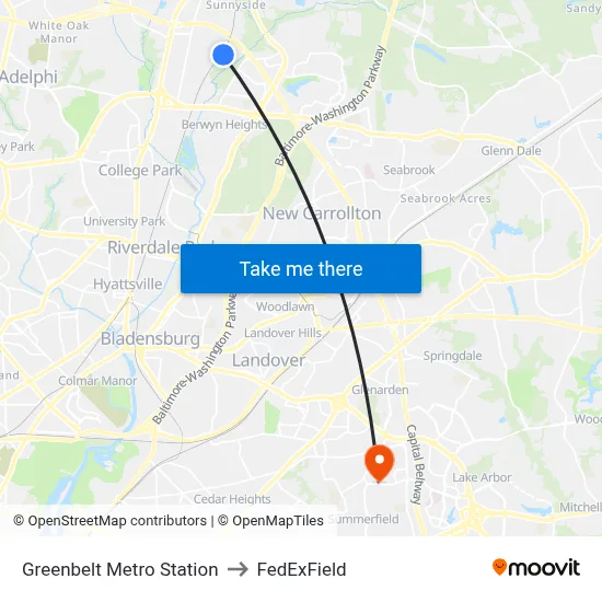 Greenbelt Metro Station to FedExField map