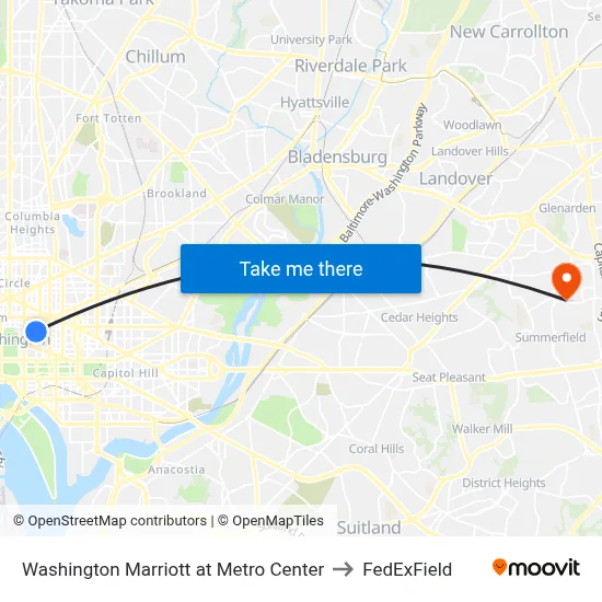 Washington Marriott at Metro Center to FedExField map