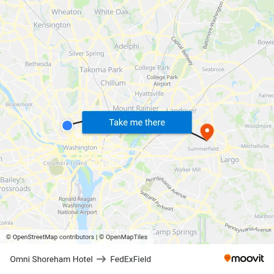 Omni Shoreham Hotel to FedExField map
