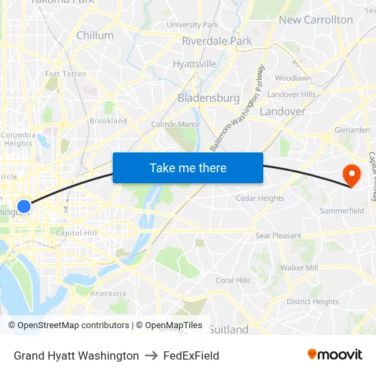Grand Hyatt Washington to FedExField map