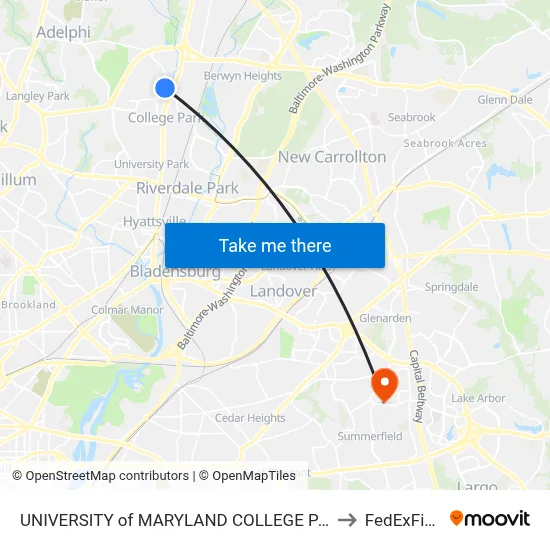 UNIVERSITY of MARYLAND COLLEGE PARK to FedExField map