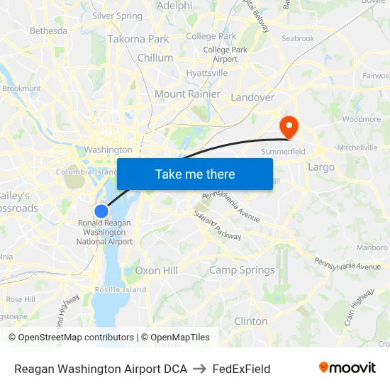Reagan Washington Airport DCA to FedExField map