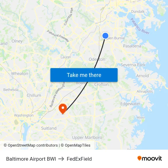 Baltimore Airport BWI to FedExField map