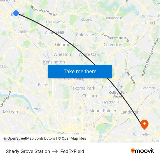 Shady Grove Station to FedExField map