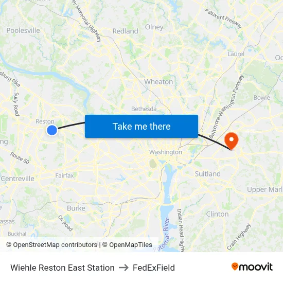 Wiehle Reston East Station to FedExField map