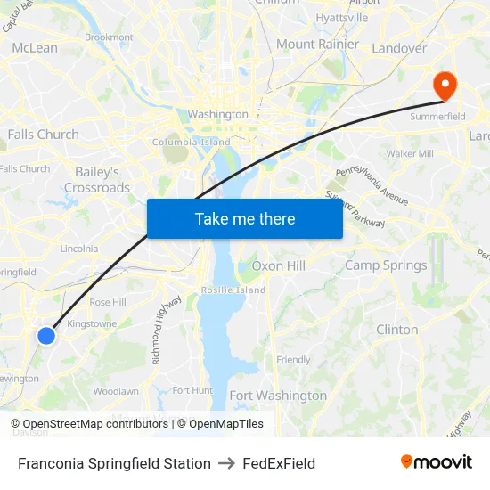 Franconia Springfield Station to FedExField map