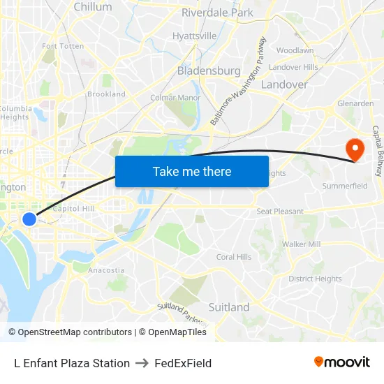 L Enfant Plaza Station to FedExField map