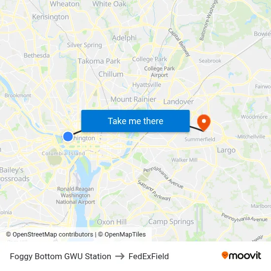Foggy Bottom GWU Station to FedExField map